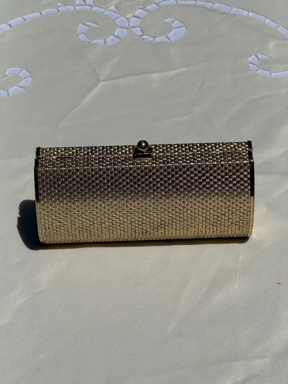 Vintage Gold Metallic Woven Cylinder Clutch Evening Bag with Chain Strap
